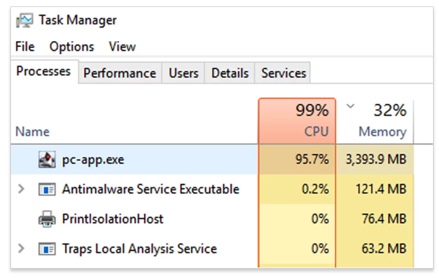 Task manager showing high CPU usage